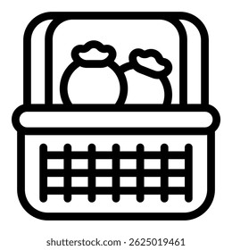 Line art icon of a wicker basket holding freshly picked blueberries, perfect for agriculture and food related designs