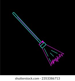 Line art icon of witch broom or flying broom, neon color