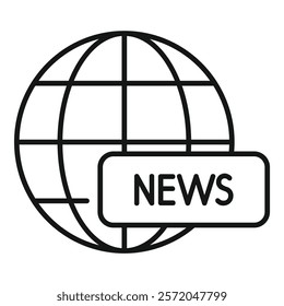 Line art icon of a world globe with news sign, representing global news and information dissemination