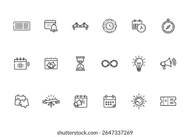 Line art icons of barcode calendar bell bridge clock compass hourglass infinity lightbulb megaphone
