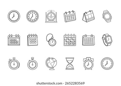 Line art icons clocks calendars watches timers hourglasses on vector