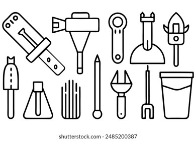 Line Art Icons der Konstruktion und DIY-Werkzeuge.Set umfasst Schraubenschlüssel, Kamera, Zange, Burg, Fackel, Schraubenzieher, Becher, Besen, Bleistift, Kelle, Gartengabel und Eimer.Schwarze Umrisse auf weißem Hintergrund