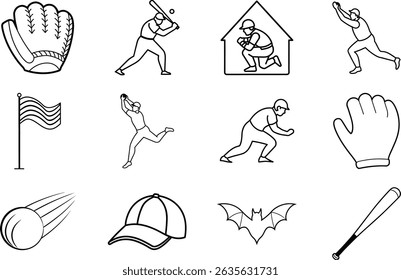 Line art icons depict baseball players batting, pitching, fielding, catching, a baseball bat, glove, cap, ball, and an American flag.
