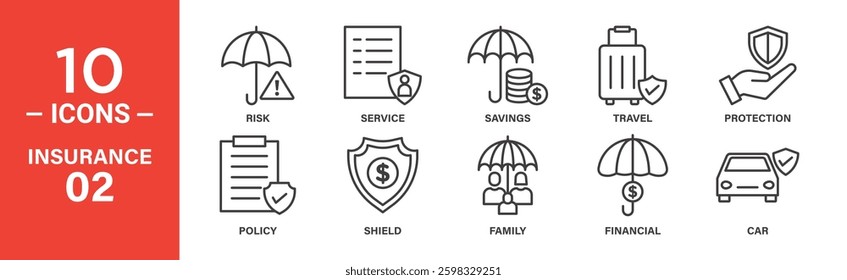 Line art icons depict insurance types: risk, service, savings, travel, protection, policy, shield, family, financial, and car.