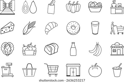 Line art icons depict various grocery store items including produce, bakery goods, dairy, and shopping elements like carts and scales.