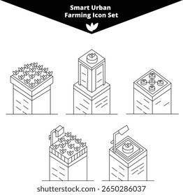 Line art icons depict various urban farming concepts, including rooftop gardens and integrated growing systems.