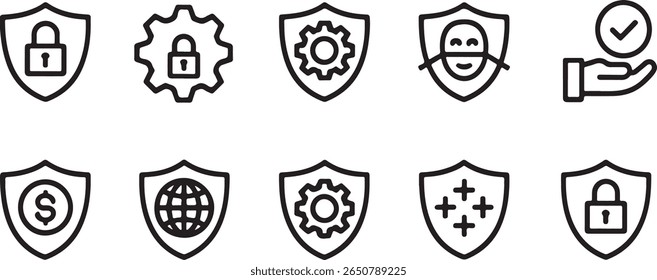 Ícones Line-Art que ilustram medidas de segurança de proteção e verificação para cenários e aplicativos variados em um estilo simples