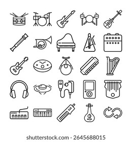 Line art icons depicting various musical instruments and audio equipment. This image features musical instruments, icons, line art, vector, graphics.