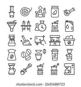 Line art icons depicting various coffee brewing, preparation, and serving tools. This image features coffee, coffee brewing,