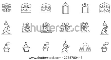 Line art icons depicting various aspects of Islamic worship and culture, including the Kaaba, mihrabs, people praying in different postures, and individuals giving sermons.
