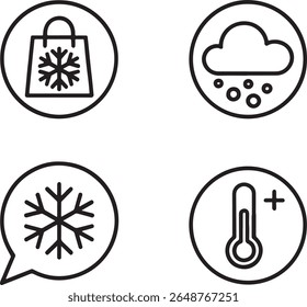 Line Art Icons Depicting Winter Weather, Shopping, and Temperature, Encapsulated in Circles and a Speech Bubble Shape