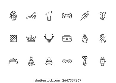 Ícones de arte de linha de acessórios de moda, incluindo um vestido de gravata de arco de batom de sapatos de casaco