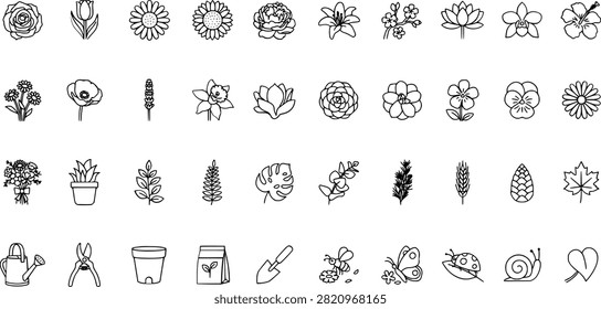Line art icons featuring flowers plants gardening tools seeds butterflies snail and leaves