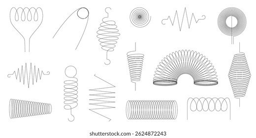 Line art icons featuring spring spiral and coil shapes ideal for creative projects seasonal themes posters web design branding materials and minimalist graphic elements