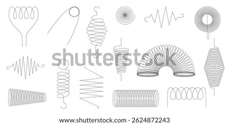Line art icons featuring spring spiral and coil shapes ideal for creative projects seasonal themes posters web design branding materials and minimalist graphic elements