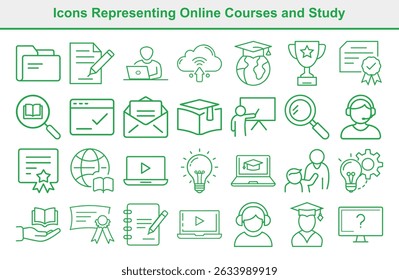 line art icons featuring symbols like a file, laptop, cloud, globe, headset, and lightbulb representing education and online learning.