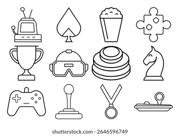 Line art icons: gaming, competition, prizes, and leisure activities.