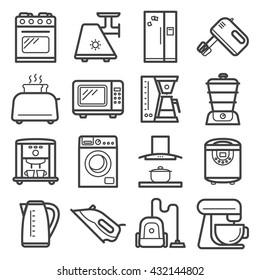 Line art icons of home appliances and kitchen electronics devices.