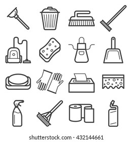 Line art icons of home cleaning tools.