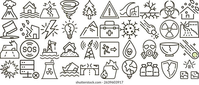Line art icons illustrating various natural disasters, environmental risks, accidents, and related safety protocols, all depicted in a clear, outline style on a clean background.