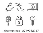 Line art icons representing digital security, keys, locks, and secure data transfer.