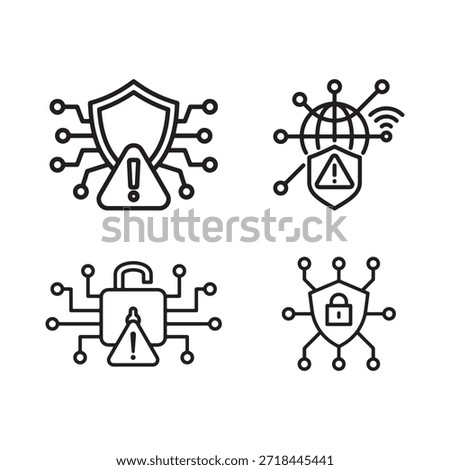 Line art icons representing digital cybersecurity network protection and data vulnerability warnings