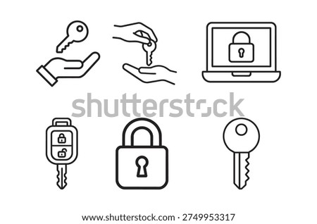 Line art icons representing digital security, keys, locks, and secure data transfer.