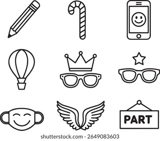 Line Art Icons Representing Diverse Themes Pencil, Candy Cane, Smartphone, Air Balloon, Party Banner, Wings, Mask and Glasses