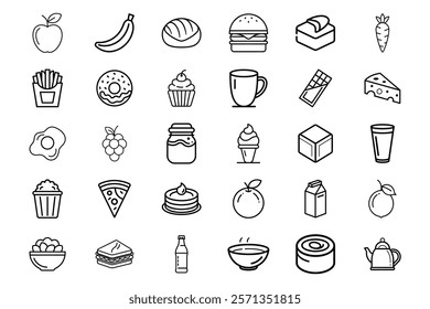 Line Art Icons Representing Food, Drinks, Desserts, and Snacks for Healthy Eating and Menu Creation