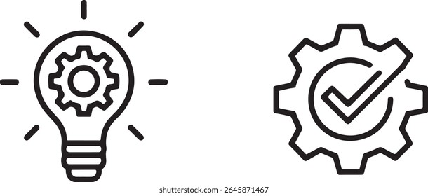 Line Art Icons Representing Ideas and Solutions, Featuring a Lightbulb with Gears and a Gear with a Check Mark