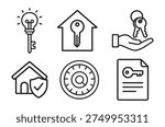 Line art icons representing real estate, security, and related concepts like keys and documents.