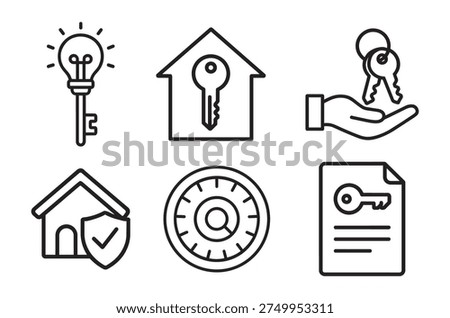 Line art icons representing real estate, security, and related concepts like keys and documents.