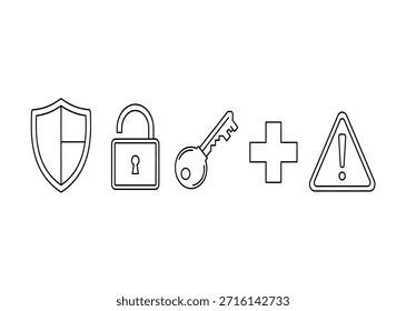 Iconos de arte de línea que representan la seguridad, el acceso, la advertencia y la asistencia médica, adecuados para interfaces digitales y diseños conceptuales.