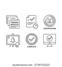 Line art icons representing training certification and online learning concepts