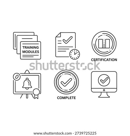 Line art icons representing training certification and online learning concepts