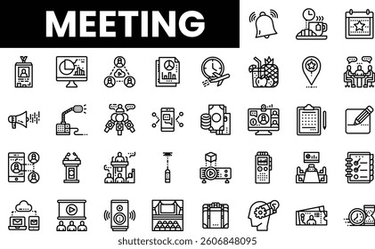 Line art icons representing various aspects of a meeting in black and white.