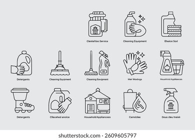 Line Art Icons Representing Various Cleaning Supplies Detergents And Household Cleaning Appliances