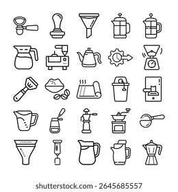 Line art icons representing various coffee brewing tools and accessories. This image features coffee, brewing, equipment, icons, line art.