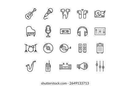 Line art icons representing various musical instruments and audio equipment.