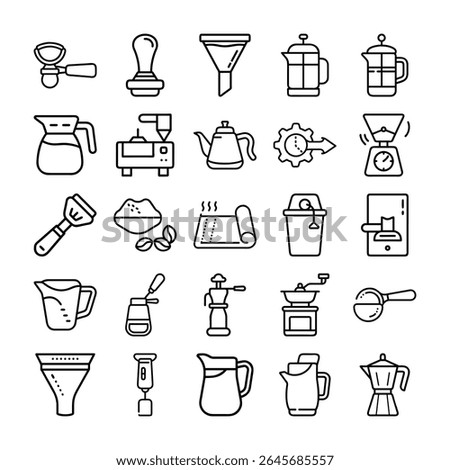 Line art icons representing various coffee brewing tools and accessories. This image features coffee, brewing, equipment, icons, line art.