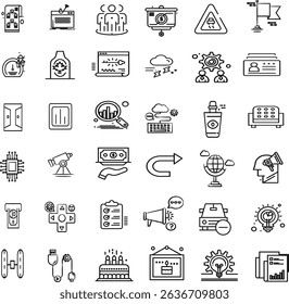 Line Art Icons Set Featuring Media, Business, Technology, and Communication Symbols