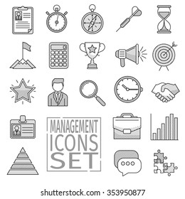 Line art icons set with hatching of  management . Business work time, office job. Creative design vector illustration