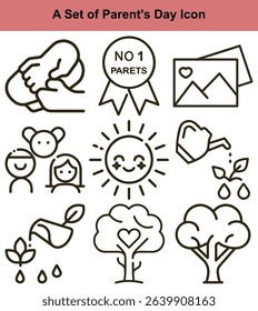 Line art icons showcase Parents' Day themes embracing hands, No. 1 badge, photo with heart, family, smiling sun, plant watering, and trees symbolizing growth and love.