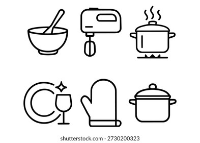 Line-Art-Symbole, die gängige Kochwerkzeuge wie Mixer, Töpfe und Küchenschutzausrüstung zeigen.