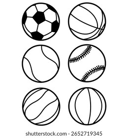 line art icons, soccer, basketball, volleyball, beach ball, golf ball