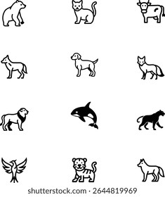Line art icons of various animals: bear, cat, cow, wolf, dog, fox, lion, orca, panther, bird, tiger.