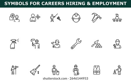 Line art icons of various career symbols including workers tools and equipment for employment