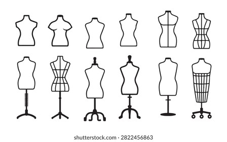 Line art icons of various sewing mannequins and dress forms used for tailoring fitting and clothing design display.