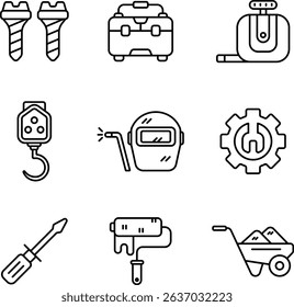 Line art icons of work tools and laborers, ideal for business or educational content