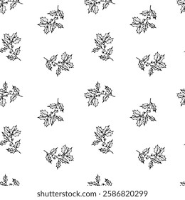 Line art of ilex branches with berries. Seamless pattern of Holly leaves. Botanical Winterberry graphic print. Hand painted outline illustration for fabric, textile, wallpaper.